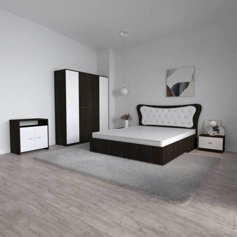 Dormitor Dante, 5 Piese, Pat Dante 160 X 200, 2Noptiere, Dulap Mirela W, Comoda Mirela, Culoare Wenge/Alb