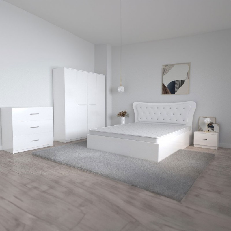 Dormitor Dante, 4 Piese, Pat Dante 160 X 200, 2Noptiere, Dulap Mirela Alb, Culoare Alb + Comoda Alice 3 sertare