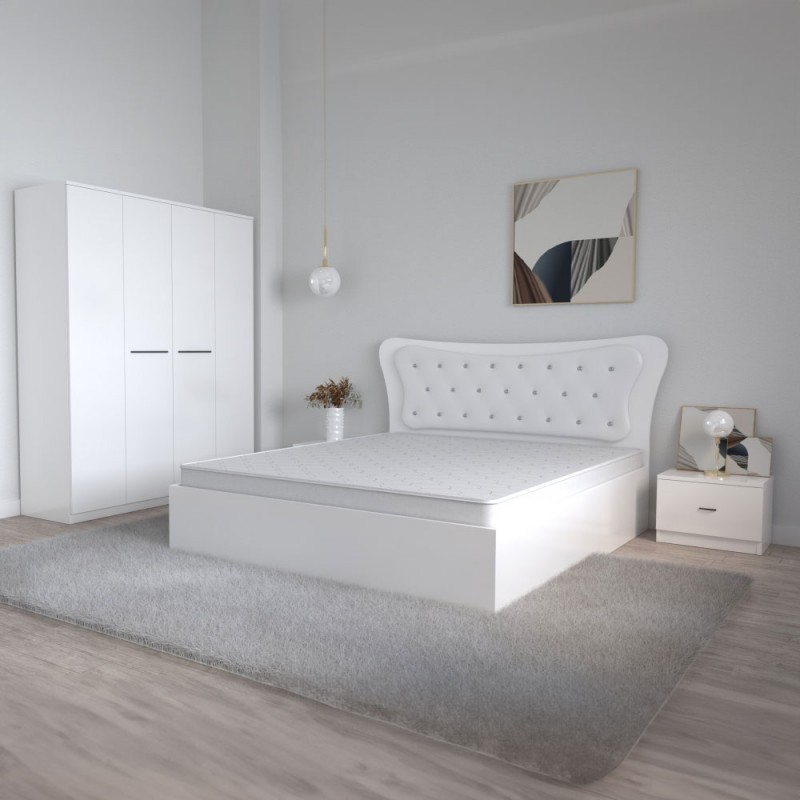 Dormitor Dante, 4 Piese, Pat Dante 160 X 200, 2Noptiere, Dulap Mirela Alb, Culoare Alb
