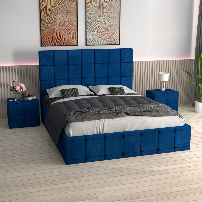 Pat Ven03 Albastru +Noptiere Tapitate+ Saltea Lux Ortopedica