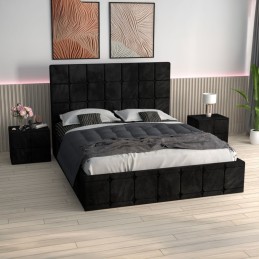 Pat Ven03 Negru +Noptiere Tapitate+ Saltea Lux Ortopedica