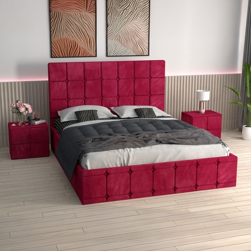 Pat Ven03 Rosu +Noptiere Tapitate+ Saltea Lux Ortopedica