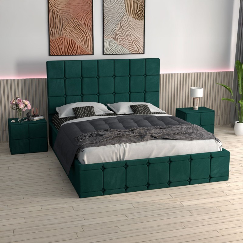 Pat Ven03 Verde +Noptiere Tapitate+ Saltea Lux Ortopedica