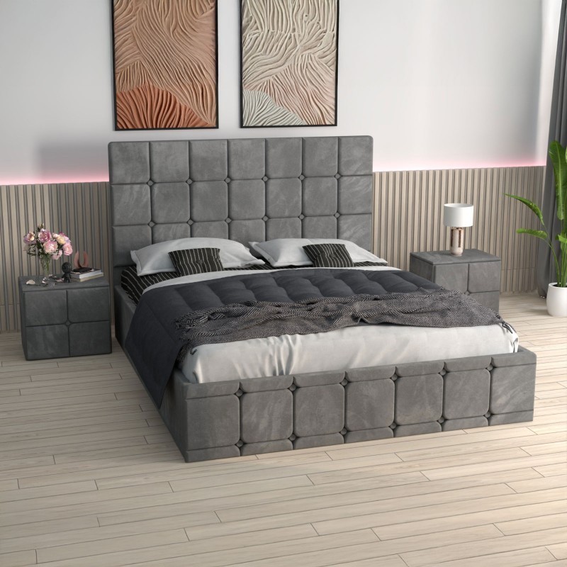 Pat Ven03 Gri +Noptiere Tapitate+ Saltea Lux Ortopedica