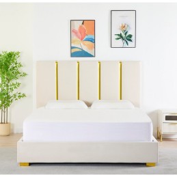 Pat Tapițat Catifea Bej Cod LB-214 160x200 cm, Somiera + Saltea 160x200