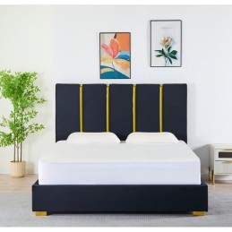 Pat Tapițat Catifea Negru Cod LB-214 160x200 cm, Somiera + Saltea 160x200