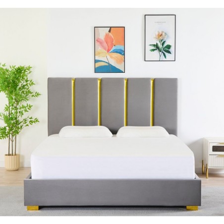 Pat Tapițat Catifea Gri Cod LB-214 160x200 cm, Somiera + Saltea 160x200