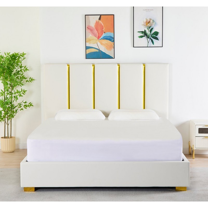 Pat Tapițat Piele Sintetica Alb Cod LB-214 160x200 cm, Somiera + Saltea 160x200