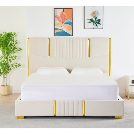 Pat Tapițat Catifea Bej Cod LB-215 160x200 cm, Somiera + Saltea 160x200