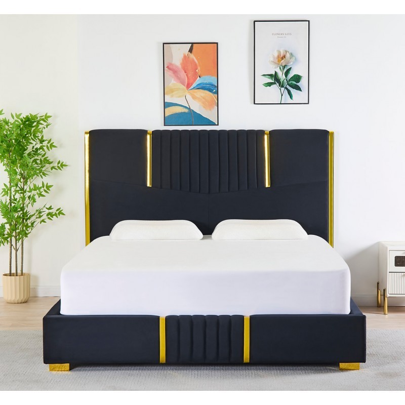 Pat Tapițat Catifea Negru Cod LB-215 160x200 cm, Somiera + Saltea 160x200