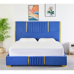 Pat Tapițat Catifea Albastru Cod LB-215 160x200 cm, Somiera + Saltea 160x200