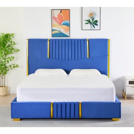 Pat Tapițat Catifea Albastru Cod LB-215 160x200 cm, Somiera + Saltea 160x200