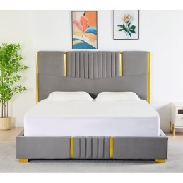 Pat Tapițat Catifea Gri Cod LB-215 160x200 cm, Somiera + Saltea 160x200