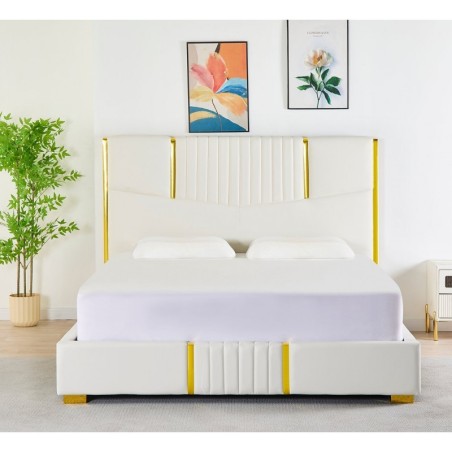 Pat Tapițat Piele Sintetica Alb Cod LB-215 160x200 cm, Somiera + Saltea 160x200