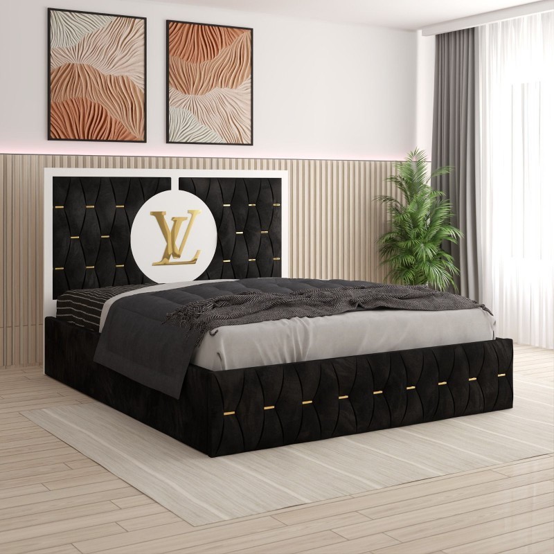 Pat Luis Negru 01 Tapitat 160x200 + Saltea LUx Ortopedica