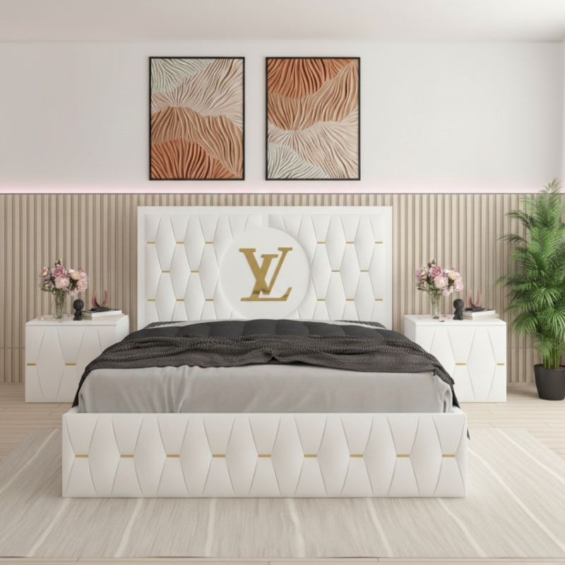 Pat Luis Alb 01 Tapitat 160x200 + Noptiere Tapitate + Saltea LUx Ortopedica