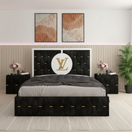 Pat Luis Negru 01 Tapitat 160x200 + Noptiere Tapitate + Saltea LUx Ortopedica