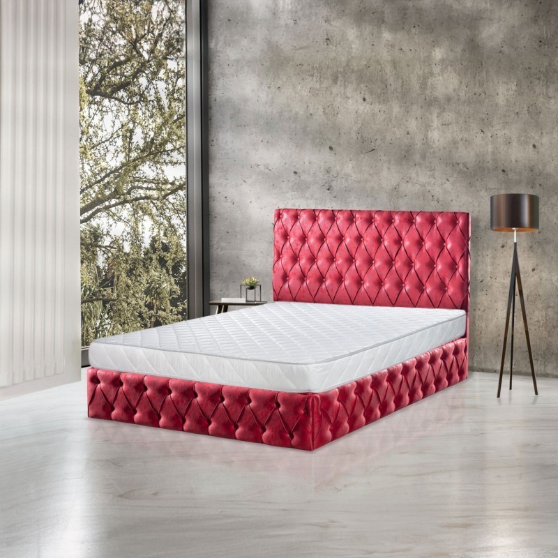 Pat Oscar Rosu cu Lada de Depozitare, Somiera Metalica Rabatabilă + Saltea Lux Ortopedica