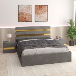 Pat Tapitat Clio Gri + Saltea 20cm Grosime + 2X Noptiere Tapitate