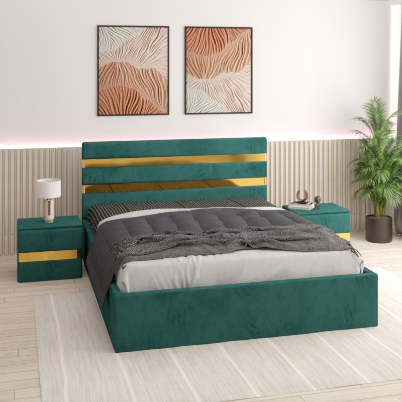 Pat Tapitat Clio Verde + Saltea 20cm Grosime + 2X Noptiere Tapitate