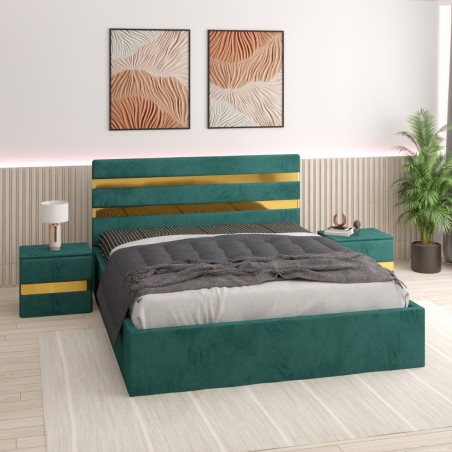 Pat Tapitat Clio Verde + Saltea 20cm Grosime + 2X Noptiere Tapitate