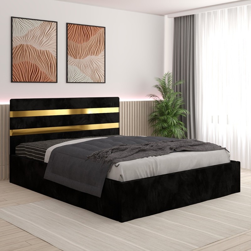Pat Tapitat Clio Negru + Saltea 20cm Grosime