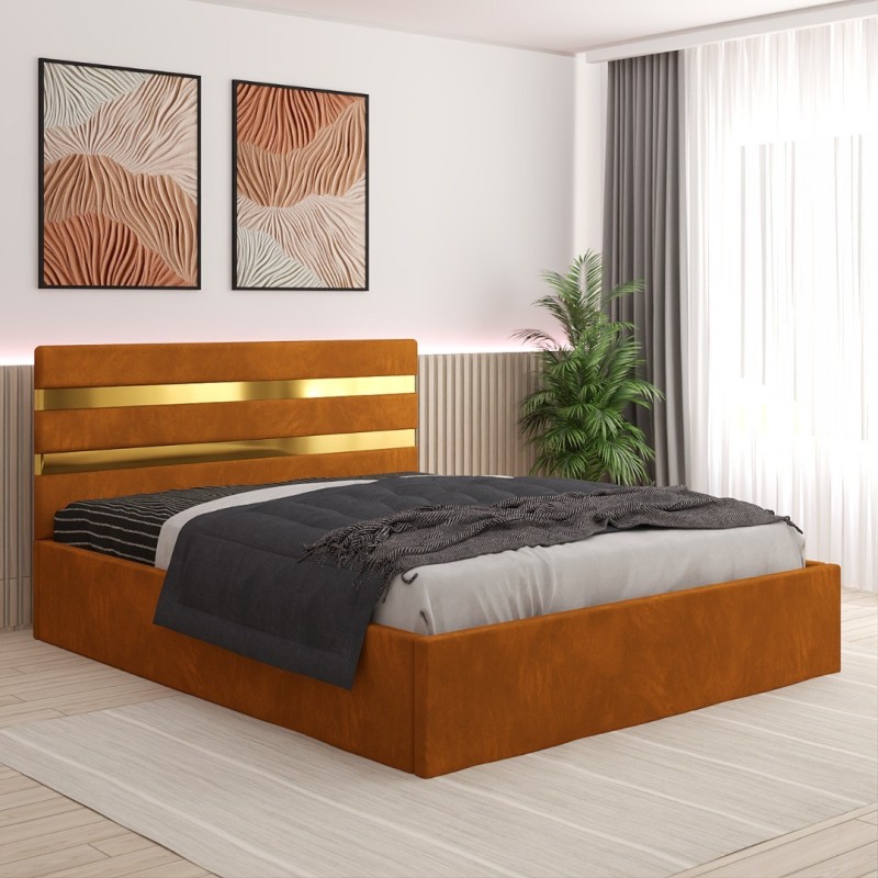 Pat Tapitat Clio Caramiziu + Saltea 20cm Grosime