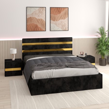 Pat Tapitat Clio Negru + Saltea 20cm Grosime + 2X Noptiere Tapitate