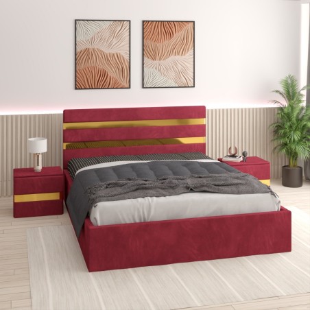 Pat Tapitat Clio Rosu + Saltea 20cm Grosime + 2X Noptiere Tapitate