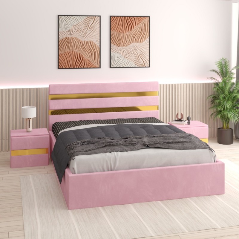 Pat Tapitat Clio Roz  + Saltea 20cm Grosime + 2X Noptiere Tapitate