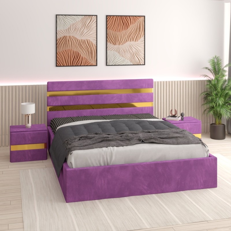 Pat Tapitat Clio Mov + Saltea 20cm Grosime + 2X Noptiere Tapitate