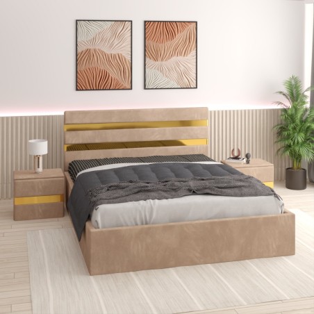 Pat Tapitat Clio Crem + Saltea 20cm Grosime + 2X Noptiere Tapitate