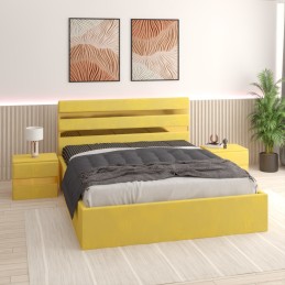 Pat Tapitat Clio Galben + Saltea 20cm Grosime + 2X Noptiere Tapitate