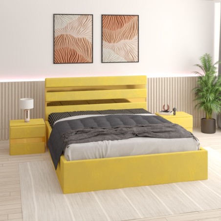 Pat Tapitat Clio Galben + Saltea 20cm Grosime + 2X Noptiere Tapitate