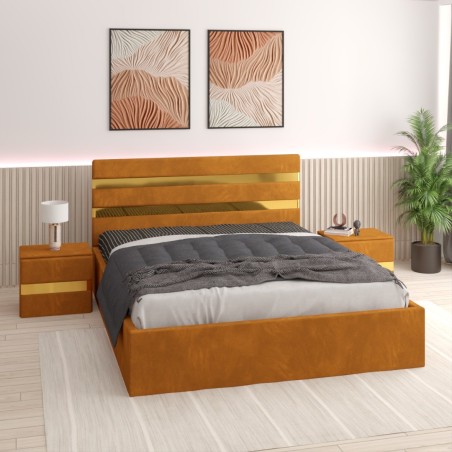 Pat Tapitat Clio Caramiziu + Saltea 20cm Grosime + 2X Noptiere Tapitate