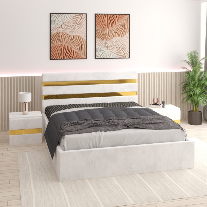 Pat Tapitat Clio Alb + Saltea 20cm Grosime + 2X Noptiere Tapitate