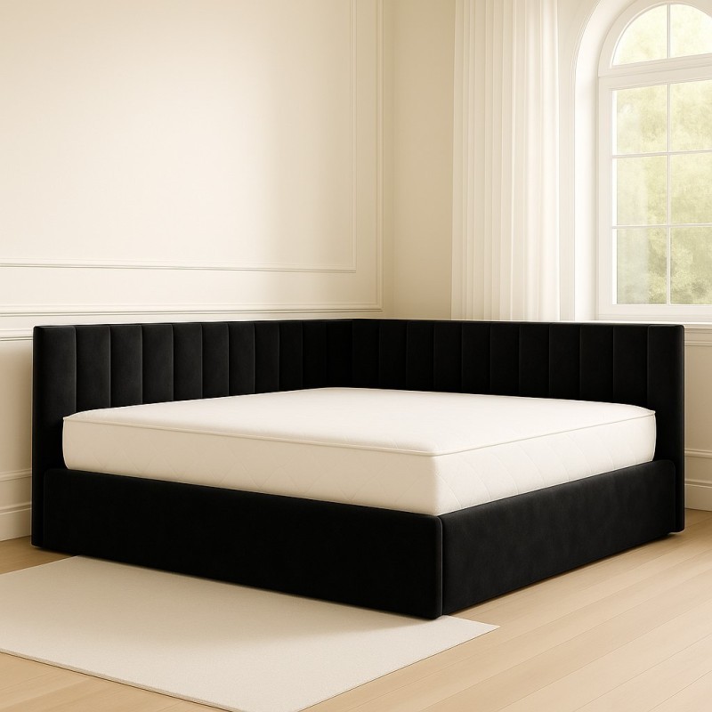Pat Tapitat De Colt Figo Negru Catifea Premium + Saltea Lux Ortopedica