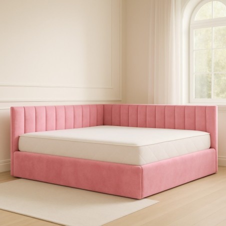 Pat Tapitat De Colt Figo Roz Catifea Premium + Saltea Lux Ortopedica