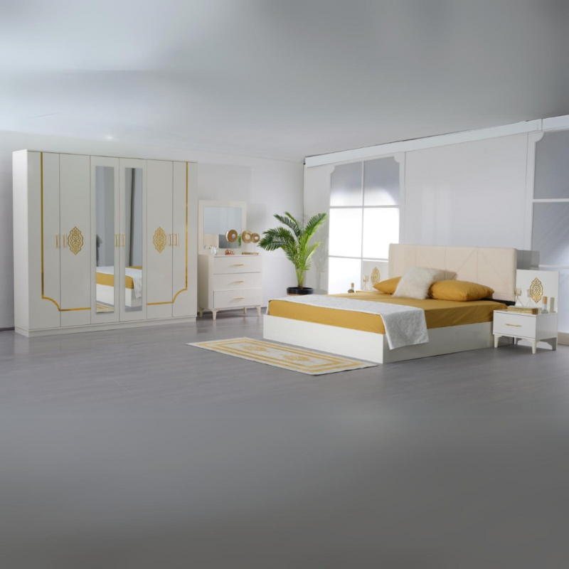 Dormitor Cod 105 , 6 Piese, Pat 180 x 200, Comoda Cu Oglinda, 2Noptiere, Dulap 6u, Culoare Alb/Auriu