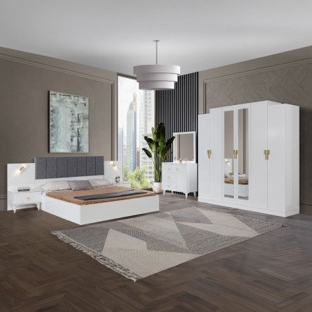 Dormitor Cod 200, 6 Piese, Pat 160 x 200, Comoda Cu Oglinda, 2Noptiere, Dulap 6u, Culoare Alb