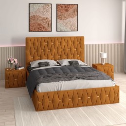 Pat Tapitat Eric Caramiziu + Saltea 20cm Grosime + 2X Noptiere Tapitate