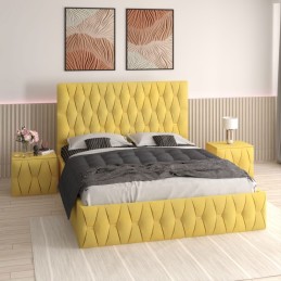 Pat Tapitat Eric Galben + Saltea 20cm Grosime + 2X Noptiere Tapitate