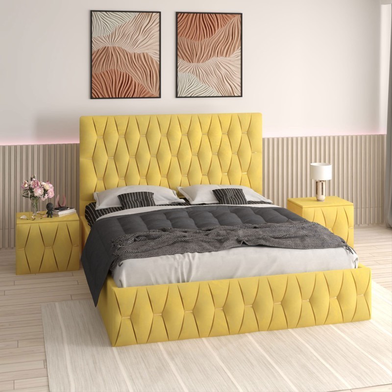 Pat Tapitat Eric Galben + Saltea 20cm Grosime + 2X Noptiere Tapitate