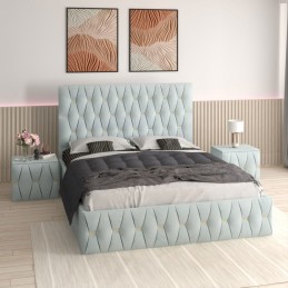 Pat Tapitat Eric Lemon + Saltea 20cm Grosime + 2X Noptiere Tapitate