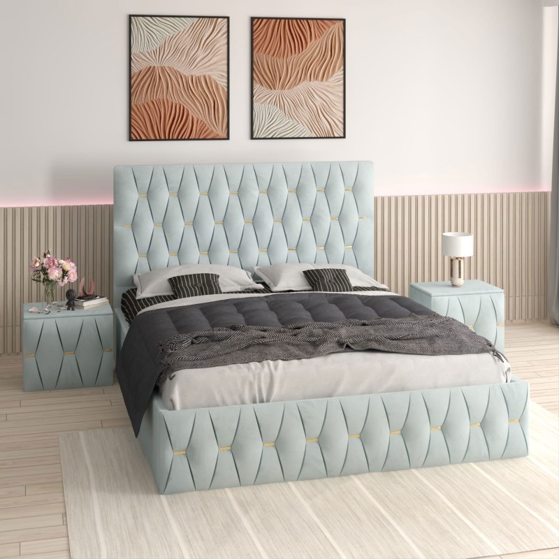 Pat Tapitat Eric Lemon + Saltea 20cm Grosime + 2X Noptiere Tapitate