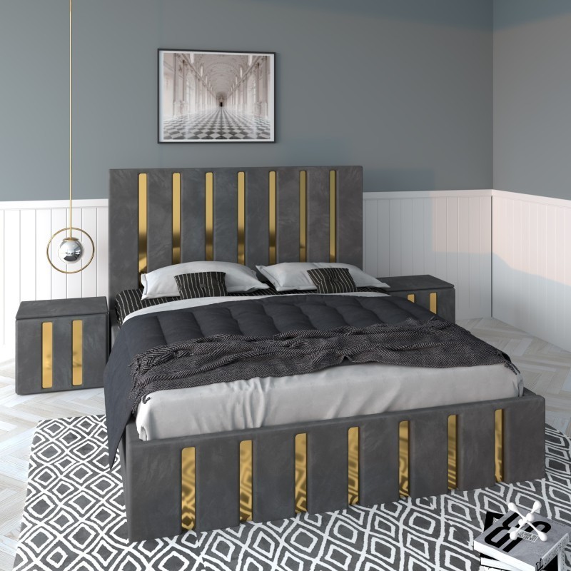 Pat Tapitat Mexic Gri + Saltea Lux Ortopedica + Noptiere Tapitate