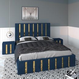 Pat Tapitat Mexic Albastru + Saltea Lux Ortopedica + Noptiere Tapitate