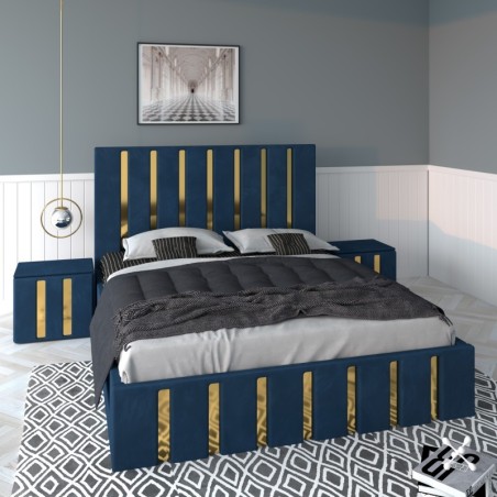 Pat Tapitat Mexic Albastru + Saltea Lux Ortopedica + Noptiere Tapitate