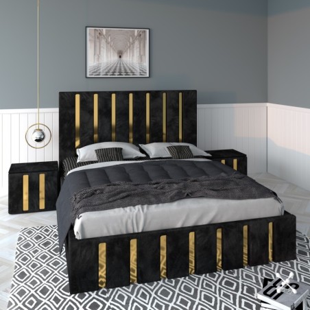 Pat Tapitat Mexic Negru + Saltea Lux Ortopedica + Noptiere Tapitate