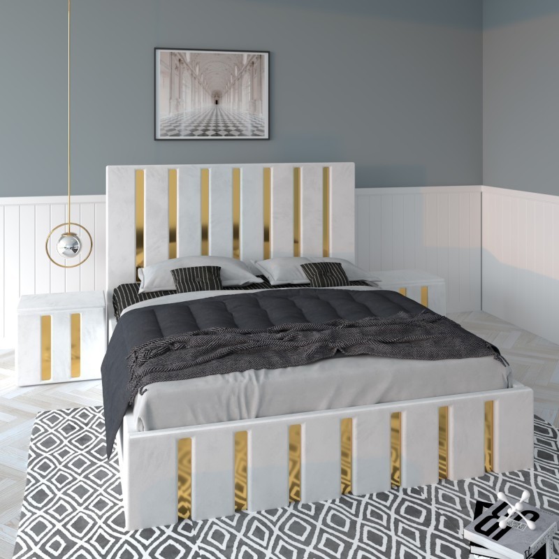 Pat Tapitat Mexic Alb + Saltea Lux Ortopedica + Noptiere Tapitate